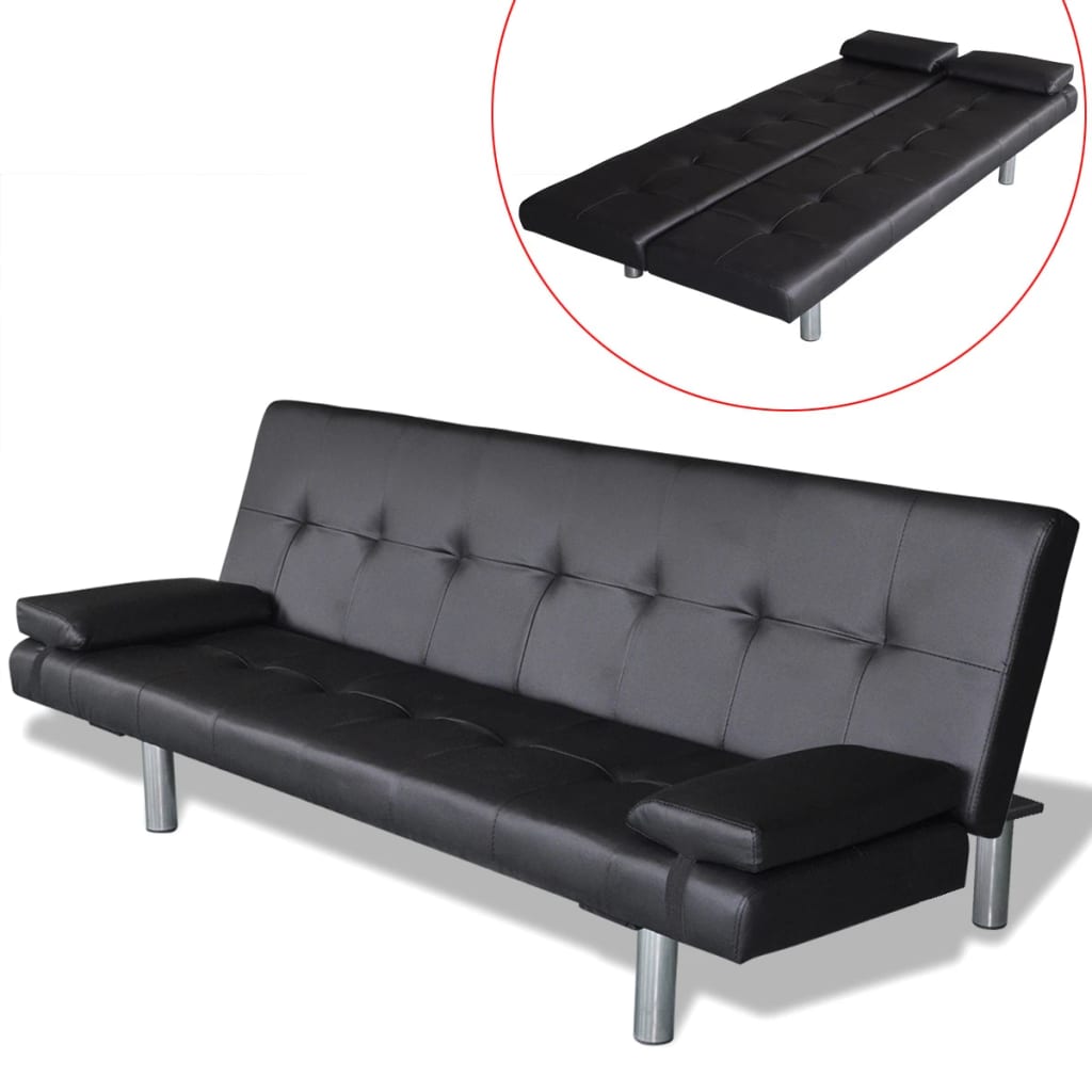 Fekete műbőr állítható kanapéágy két párnával 