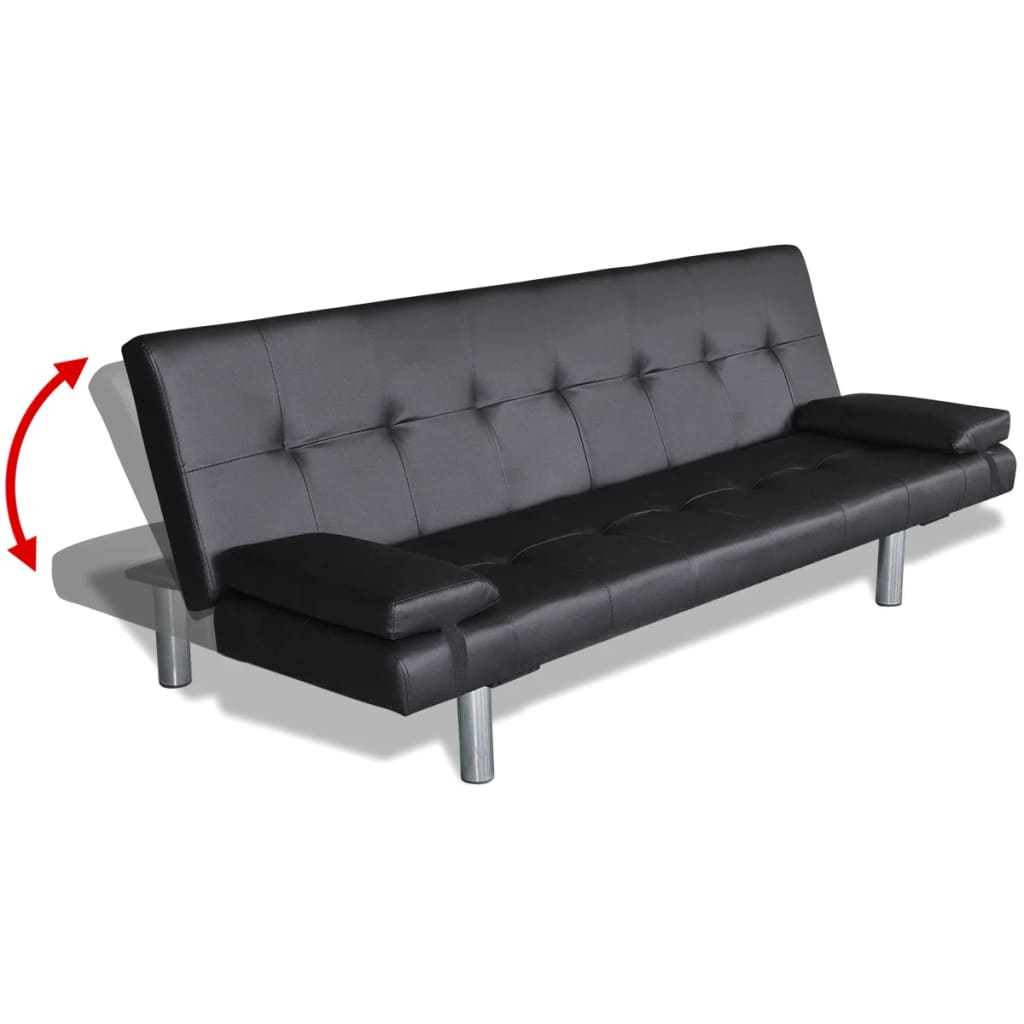 Fekete műbőr állítható kanapéágy két párnával 