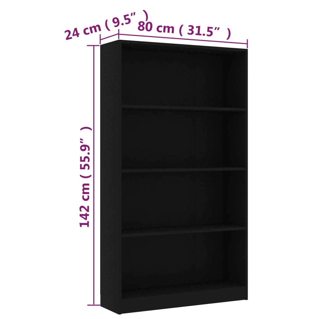4-szintes fekete forgácslap könyvszekrény 80 x 24 x 142 cm 