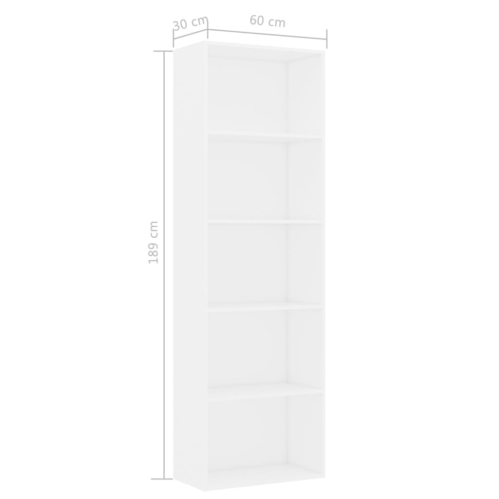 5-szintes fehér forgácslap könyvszekrény 60 x 30 x 189 cm 