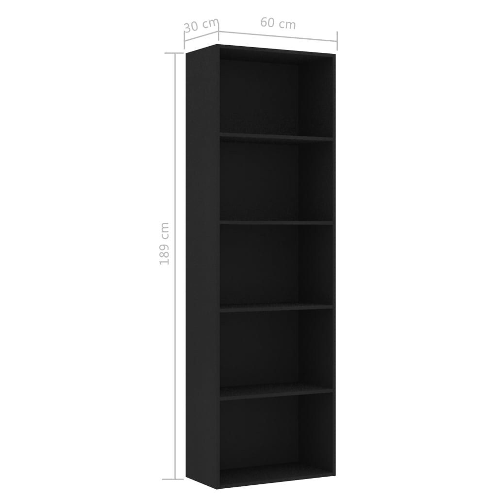 5-szintes fekete forgácslap könyvszekrény 60 x 30 x 189 cm 