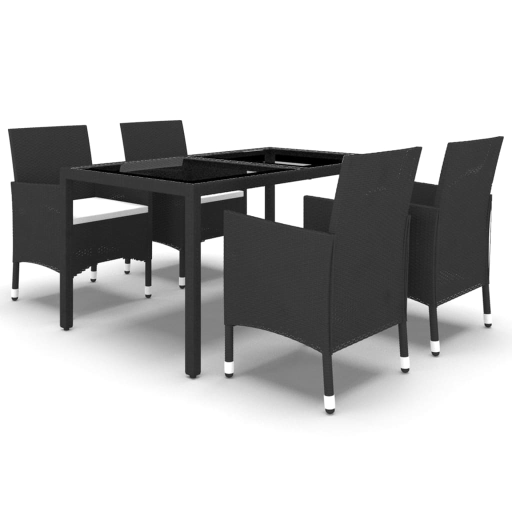 Set mobilier grădină, 5 piese, negru, poliratan/sticlă tratată