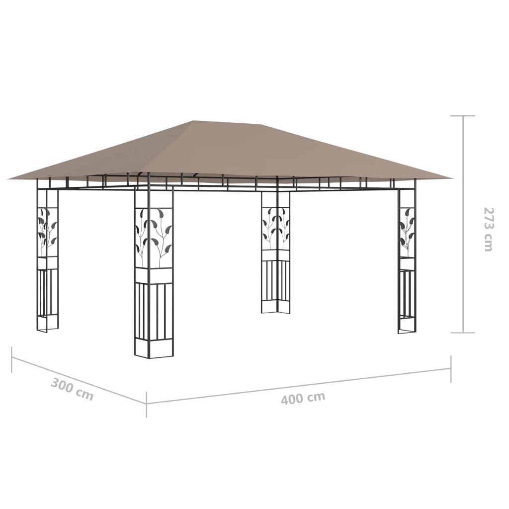 Pavillon mit Moskitonetz & LED-Lichterkette 4x3x2,73 m Taupe