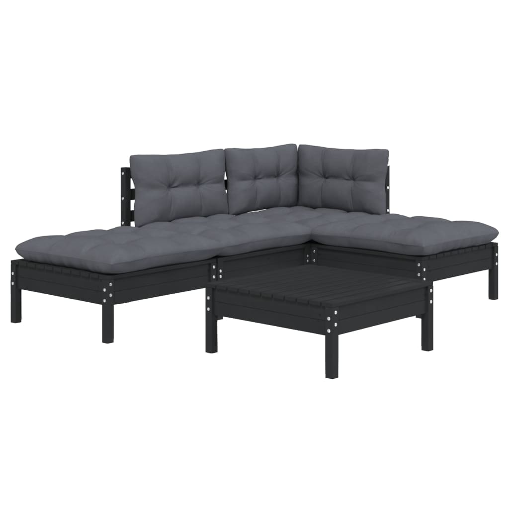 Set mobilier grădină cu perne, 5 piese, negru, lemn de pin