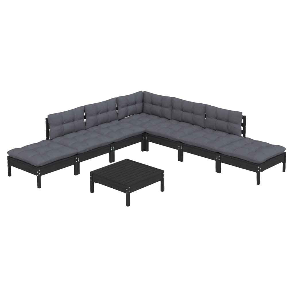 Set mobilier grădină cu perne, 8 piese, negru, lemn de pin