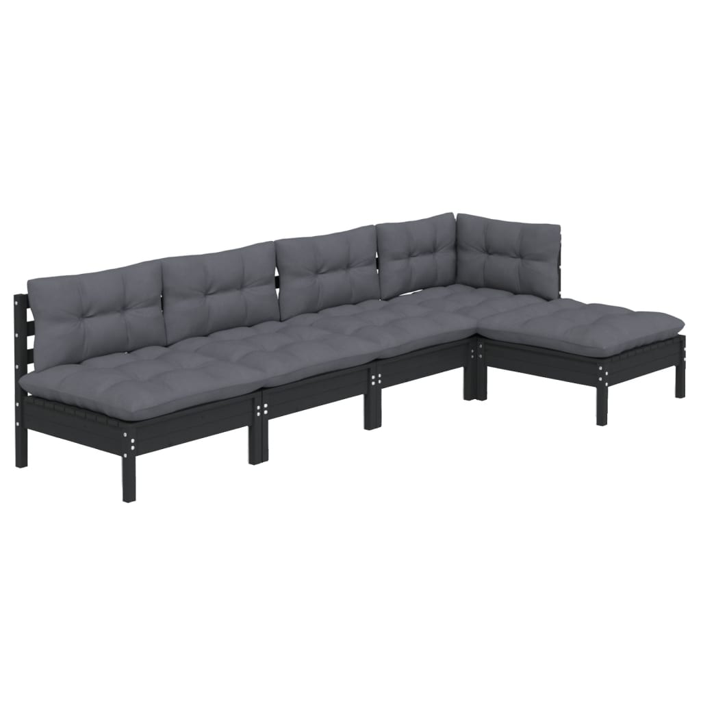 Set mobilier grădină cu perne, 5 piese, negru, lemn de pin