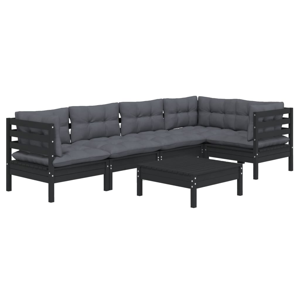 Set mobilier de grădină cu perne, 6 piese, negru, lemn de pin