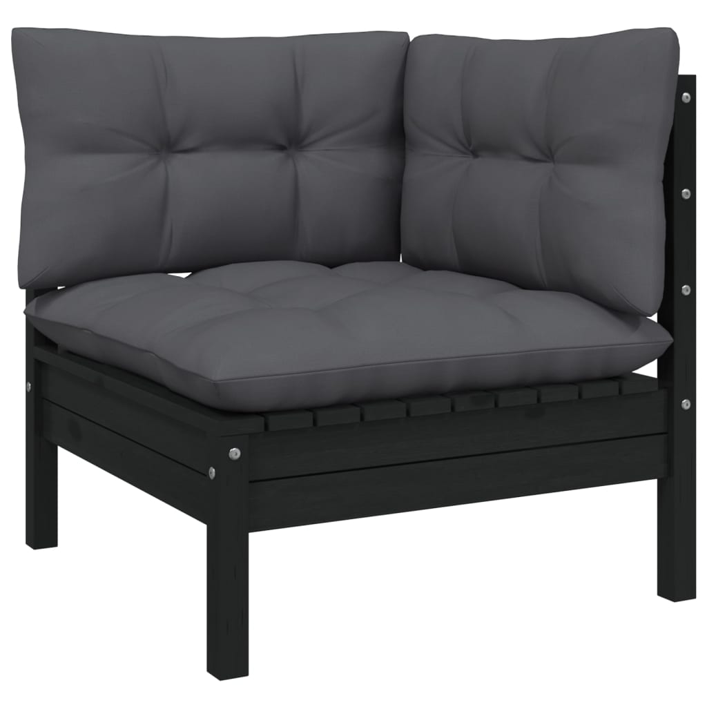 Set mobilier de grădină cu perne, 6 piese, negru, lemn de pin