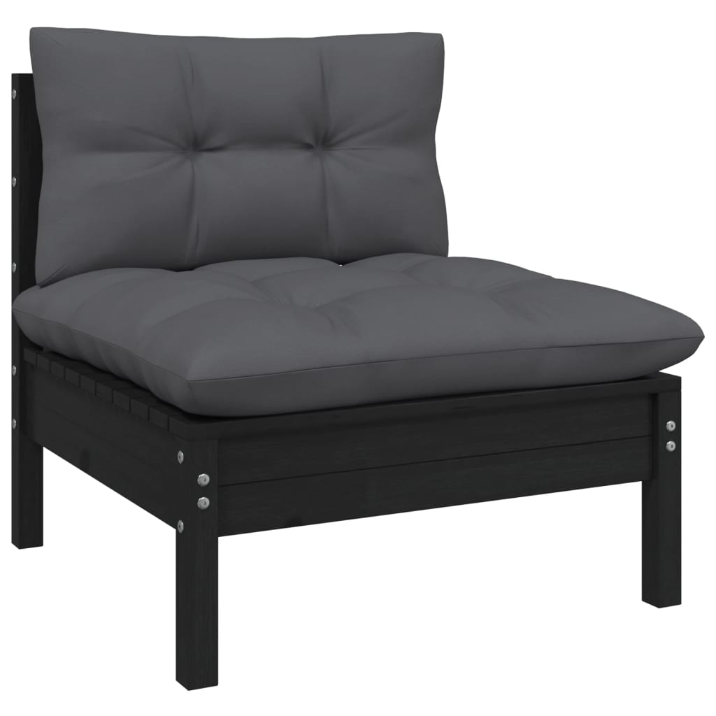 Set mobilier grădină cu perne, 6 piese, negru, lemn de pin