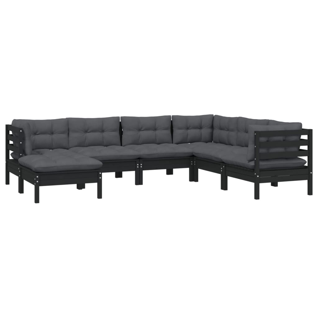 Set mobilier grădină cu perne, 7 piese, negru, lemn masiv pin