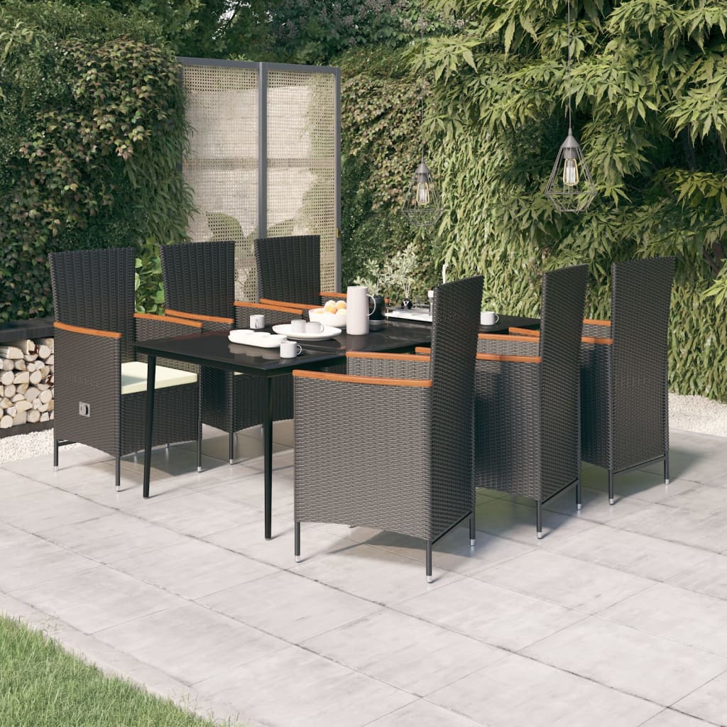 Set de masă pentru grădină, 7 piese, cu perne, negru
