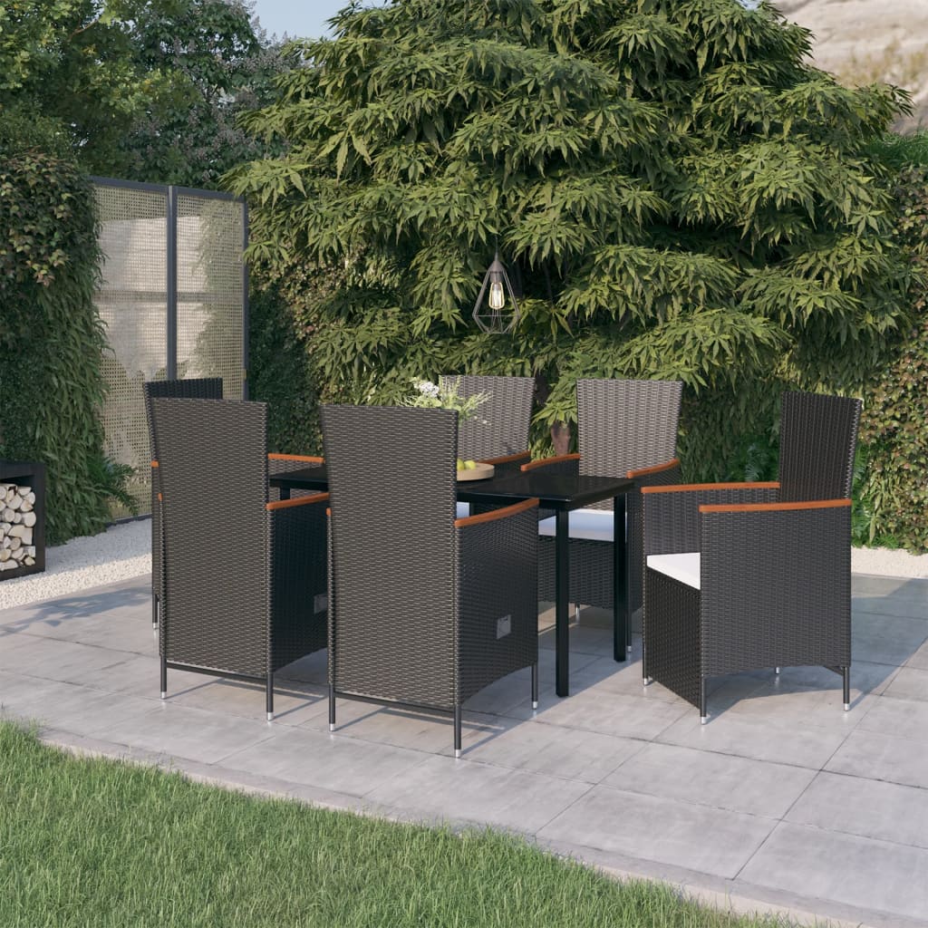 Set de masă pentru grădină, 7 piese, cu perne, negru
