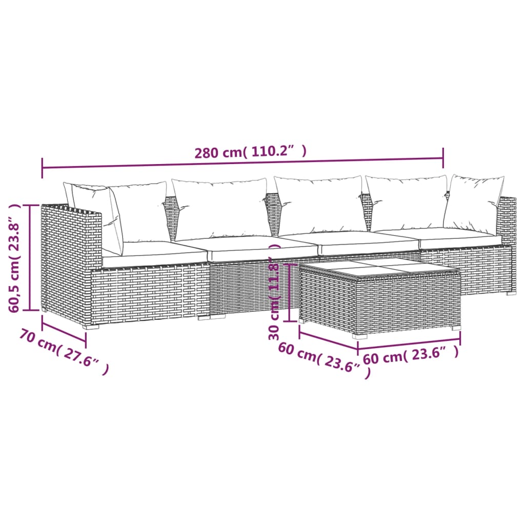 Set mobilier de grădină cu perne, 5 piese, negru, poliratan