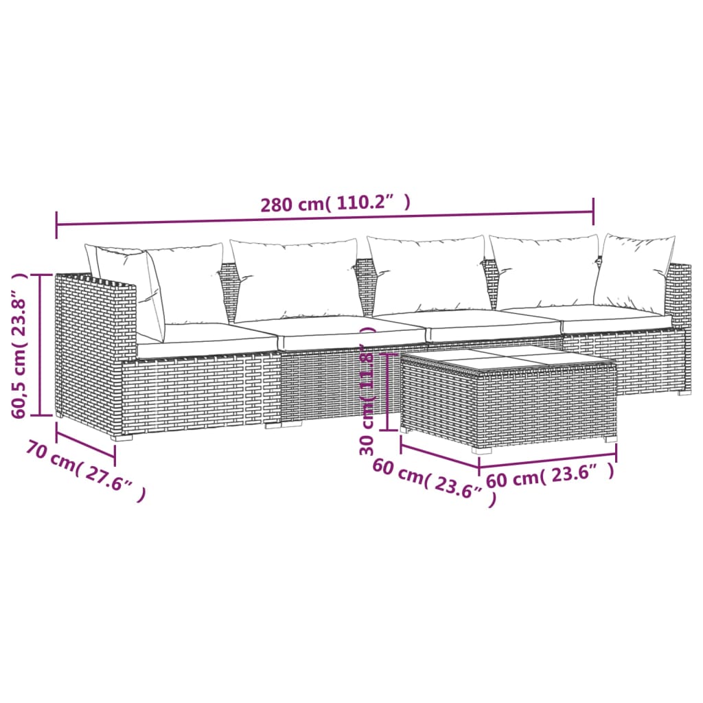 Set mobilier de grădină cu perne, 5 piese, maro, poliratan