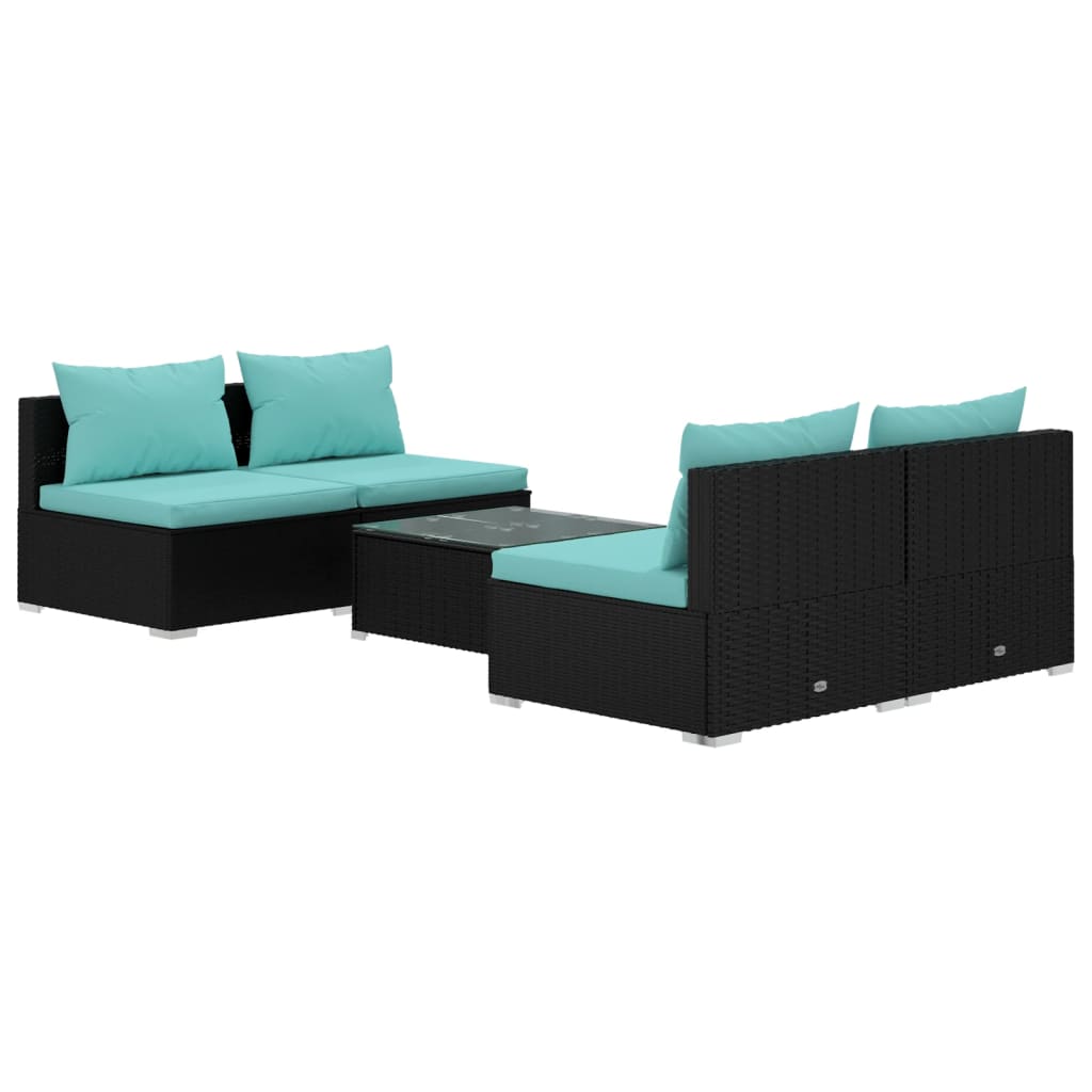 Set mobilier de grădină cu perne, 5 piese, negru, poliratan