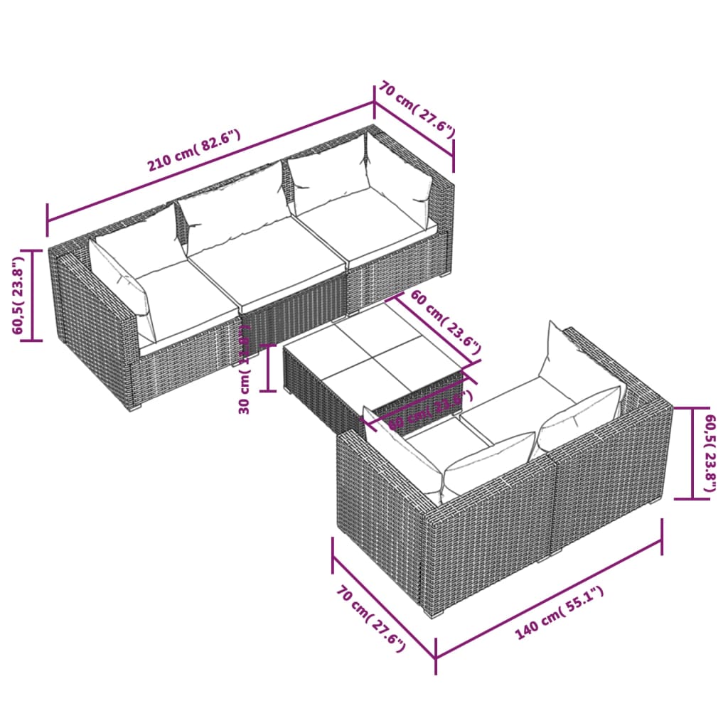 Set mobilier de grădină cu perne, 6 piese, maro, poliratan