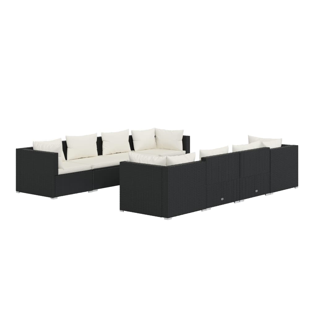 Set mobilier de grădină cu perne, 9 piese, negru, poliratan
