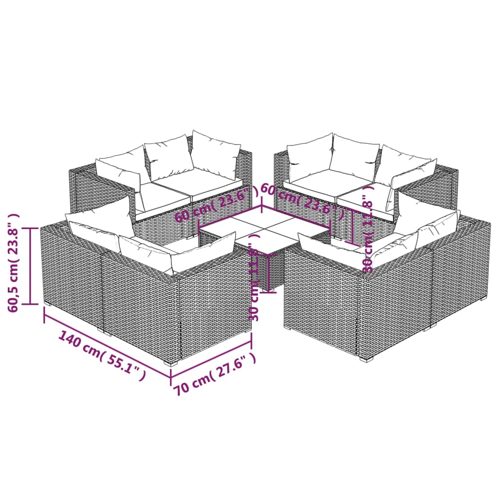 Set mobilier de grădină cu perne, 9 piese, gri, poliratan