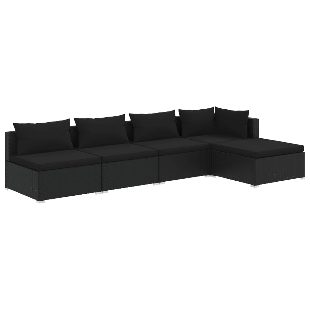 Set mobilier de grădină cu perne, 5 piese, negru, poliratan