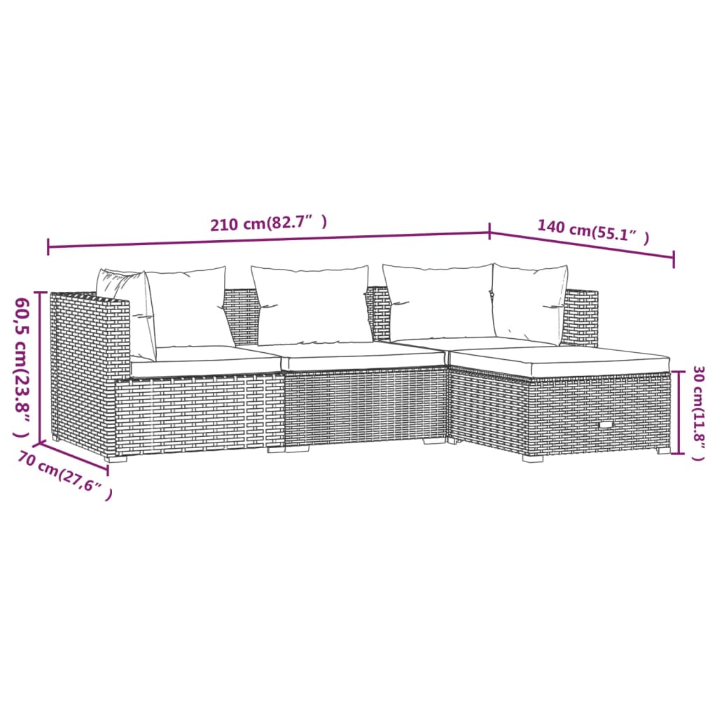 Set mobilier de grădină cu perne, 4 piese, maro, poliratan