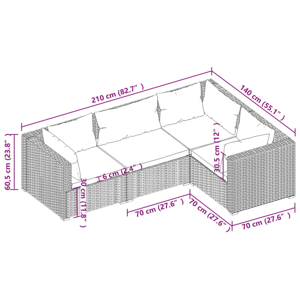 Set mobilier de grădină cu perne, 4 piese, negru, poliratan