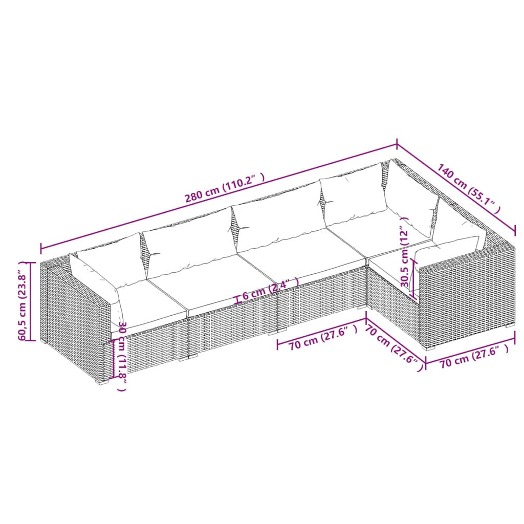 Set mobilier de grădină cu perne, 5 piese, negru, poliratan