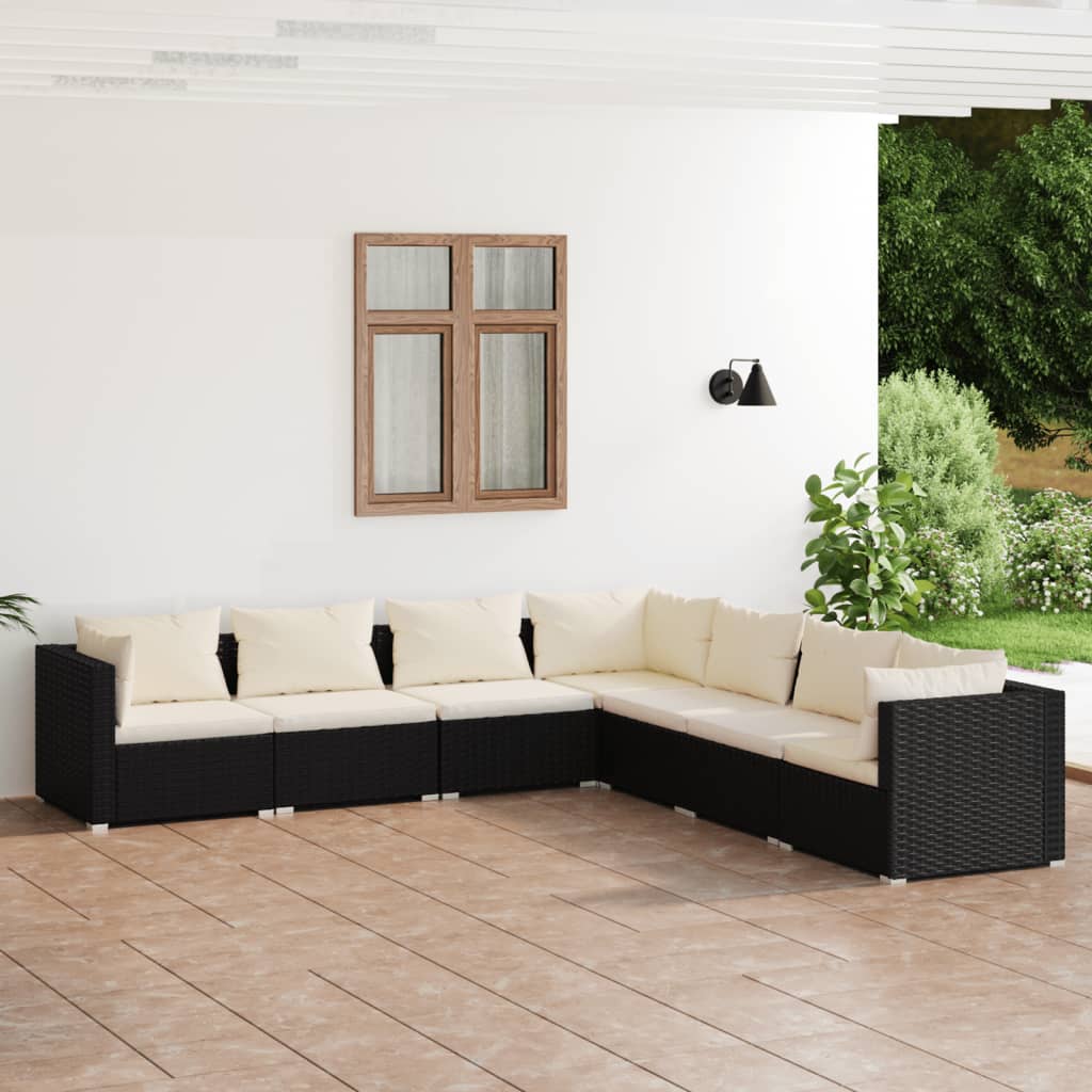 Set mobilier de grădină cu perne, 7 piese, negru, poliratan