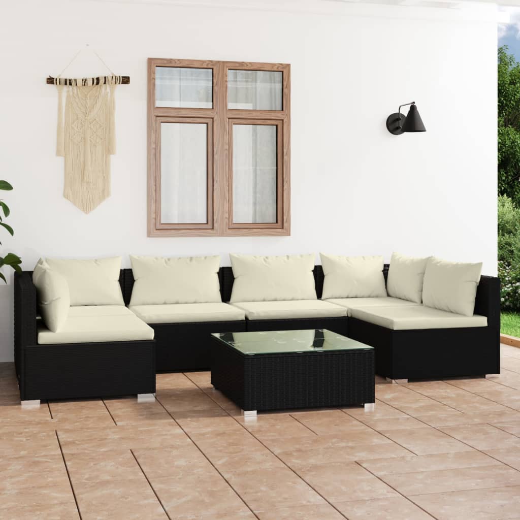 Set mobilier de grădină cu perne, 7 piese, negru, poliratan