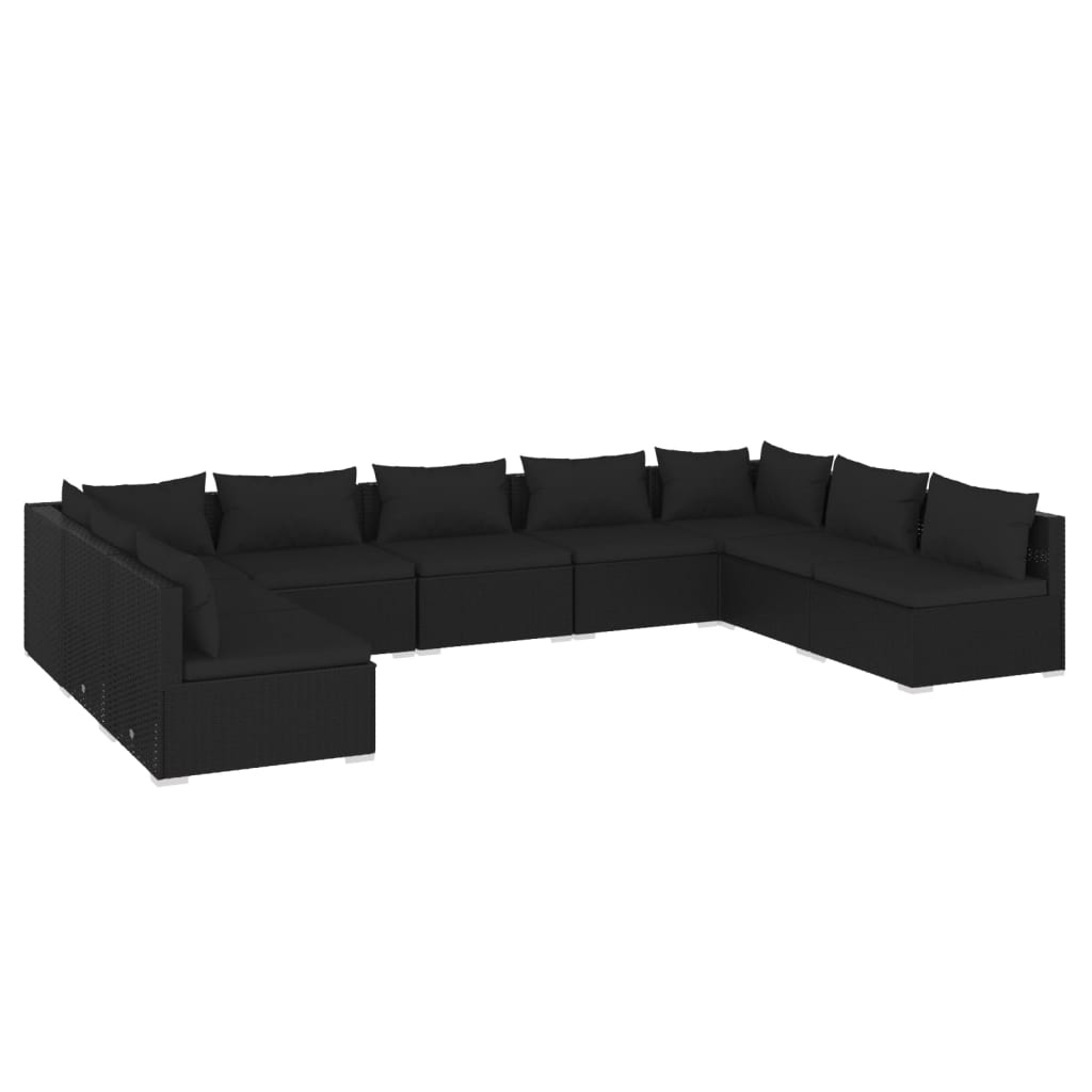 Set mobilier de grădină cu perne, 9 piese, negru, poliratan