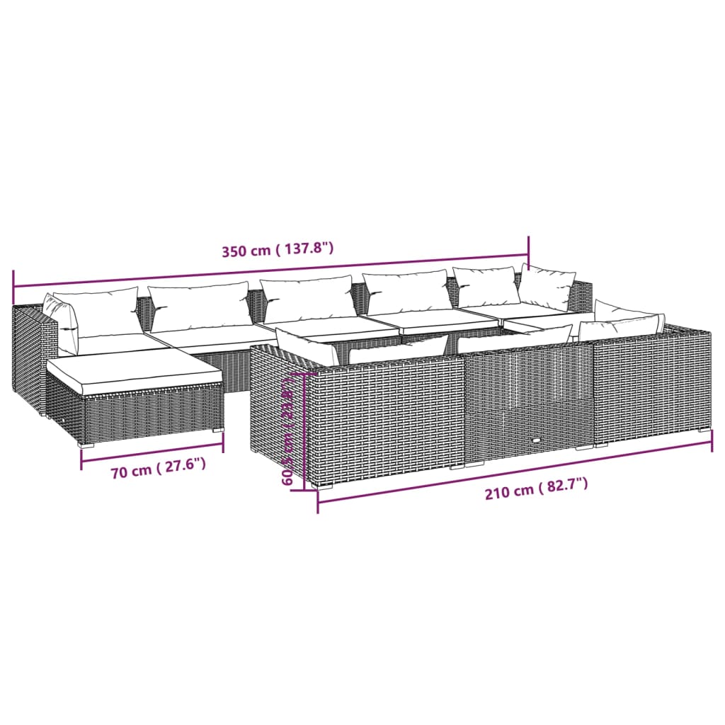 Set mobilier de grădină cu perne, 10 piese, negru, poliratan