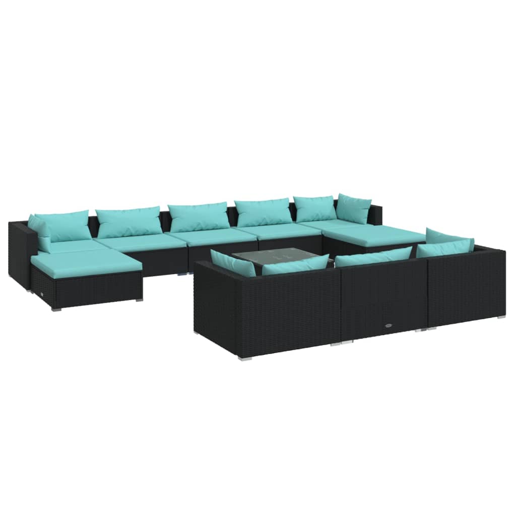 Set mobilier de grădină cu perne, 11 piese, negru, poliratan