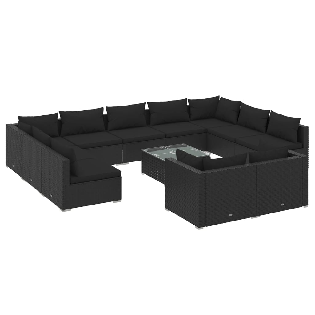 Set mobilier de grădină cu perne, 12 piese, negru, poliratan