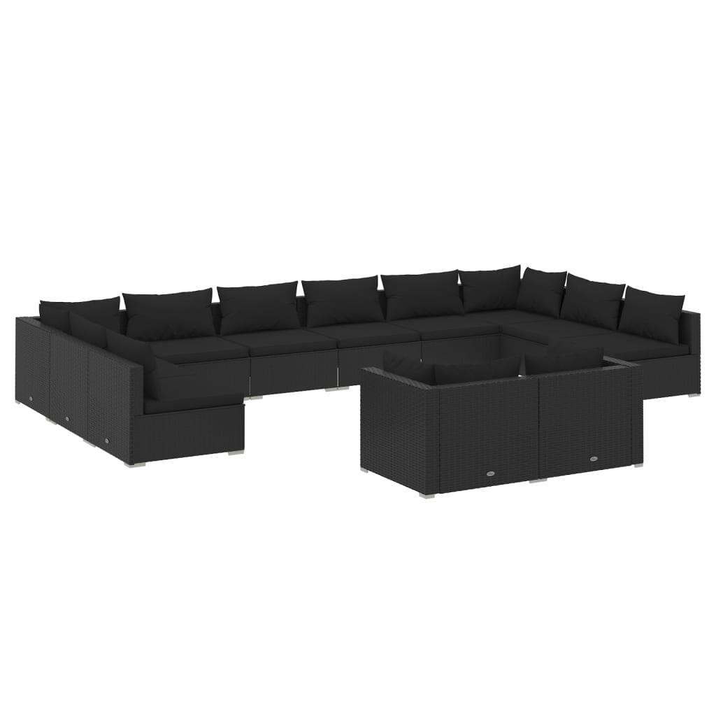 Set mobilier de grădină cu perne, 12 piese, negru, poliratan
