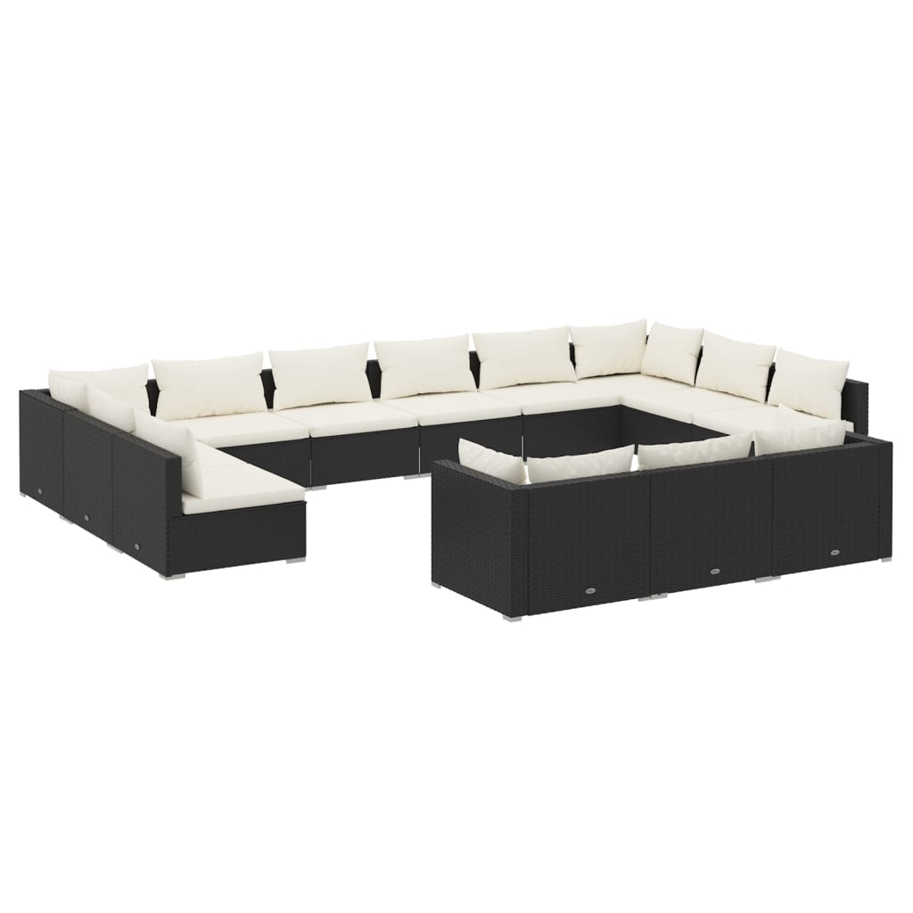 Set mobilier de grădină cu perne, 13 piese, negru, poliratan
