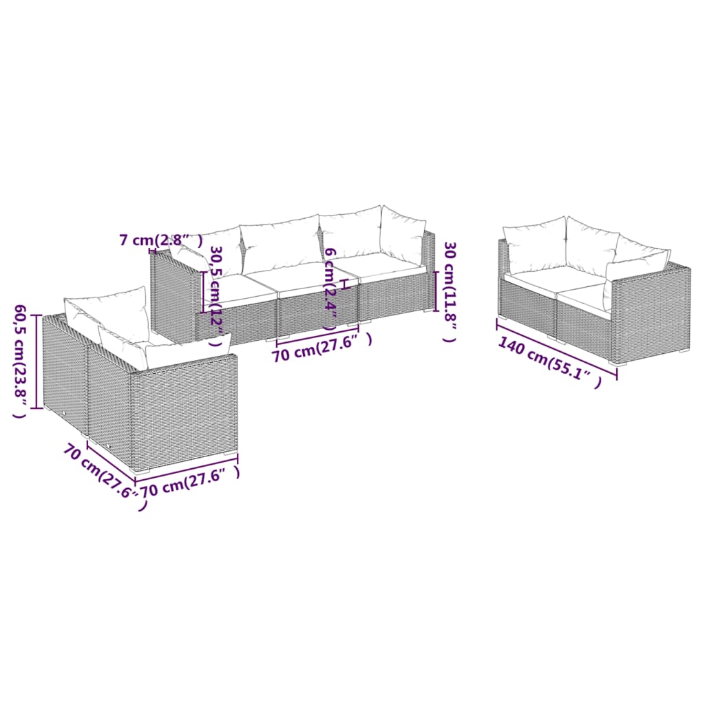 Set mobilier de grădină cu perne, 7 piese, maro, poliratan