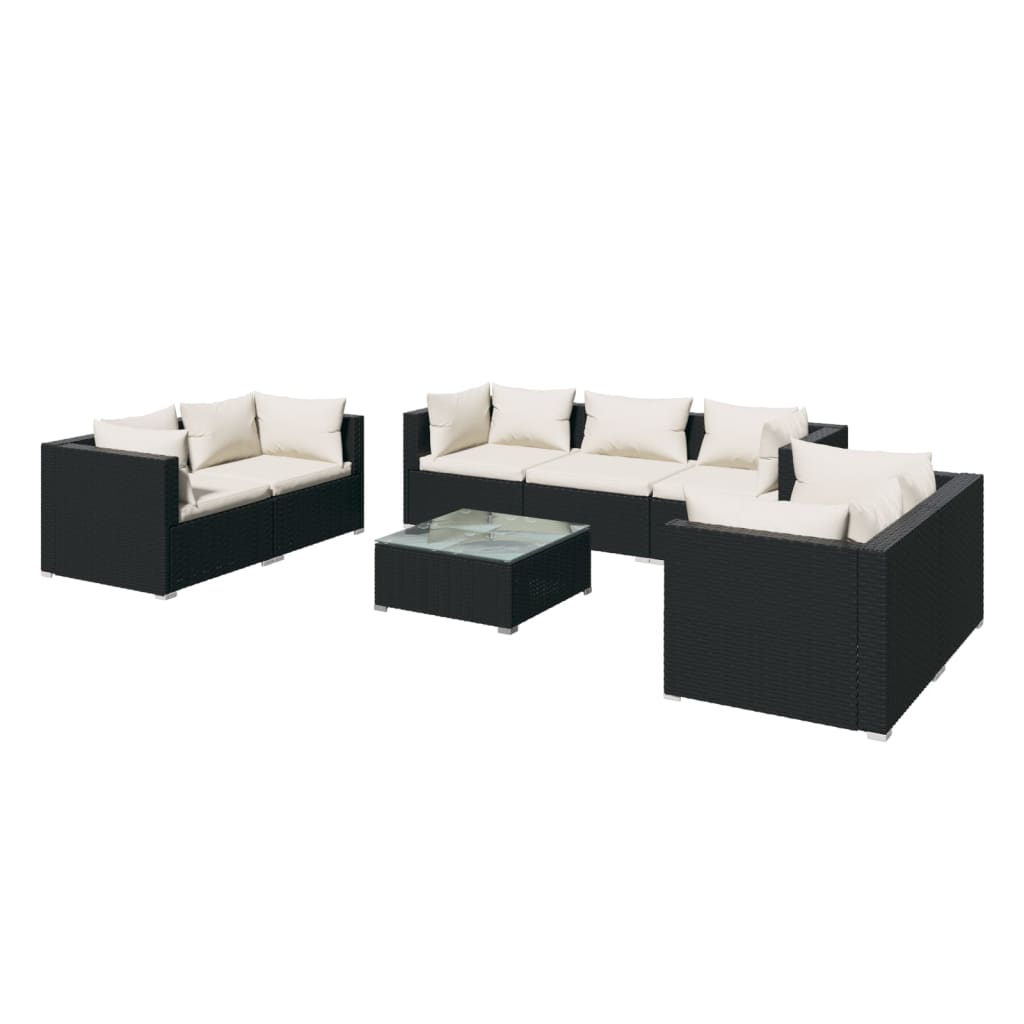 Set mobilier de grădină cu perne, 8 piese, negru, poliratan
