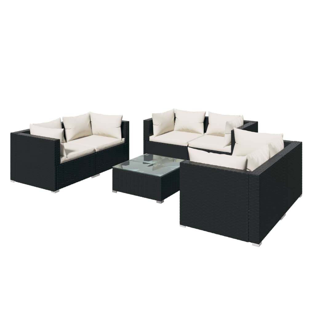 Set mobilier de grădină cu perne, 7 piese, negru, poliratan