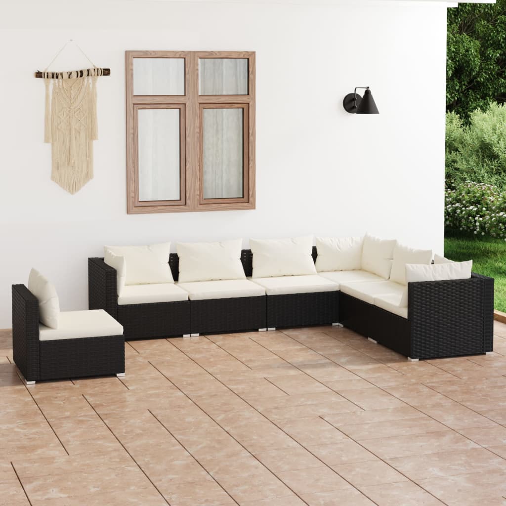 Set mobilier de grădină cu perne, 7 piese, negru, poliratan