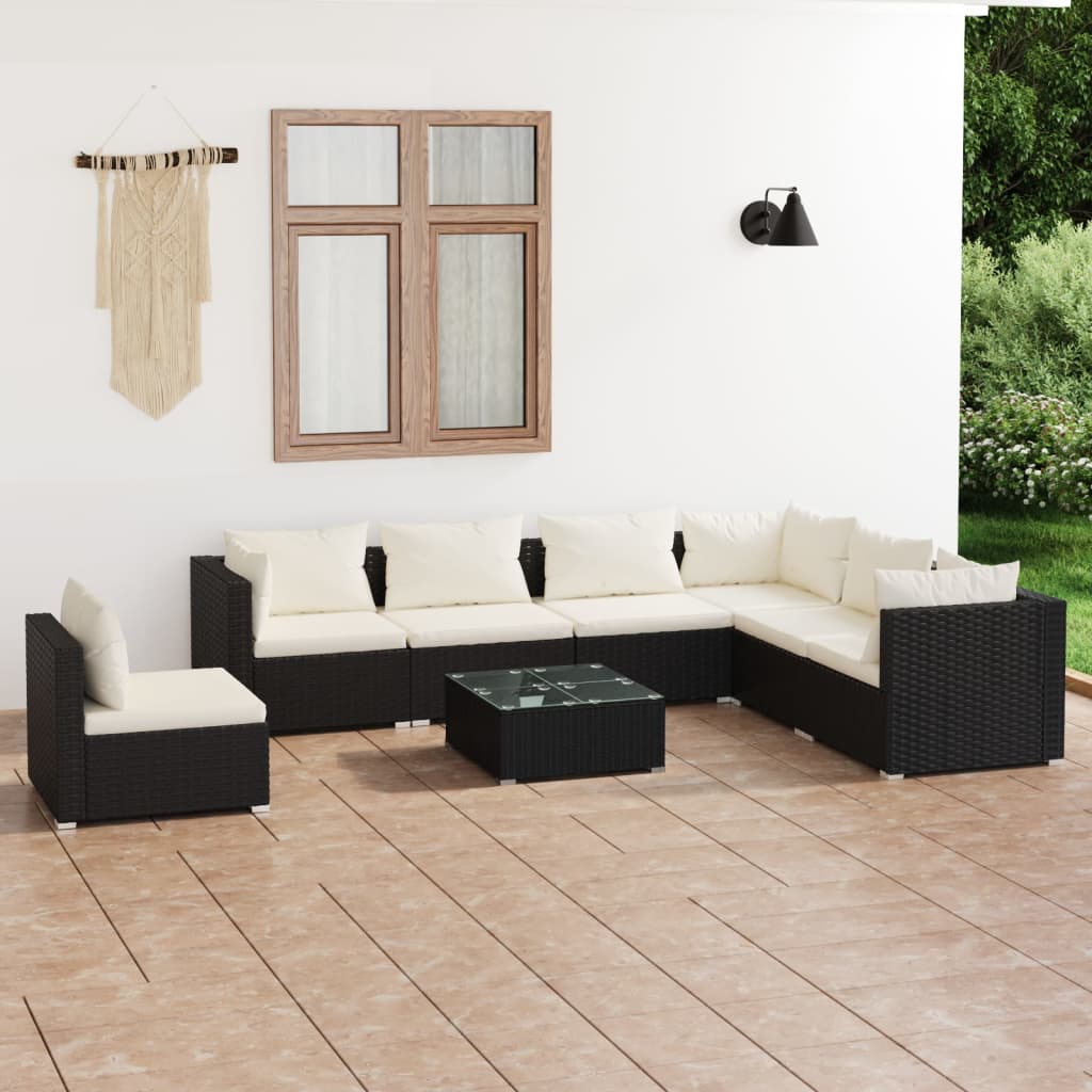 Set mobilier de grădină cu perne, 8 piese, negru, poliratan