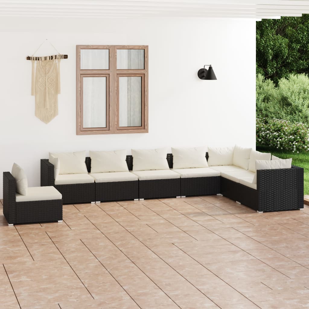 Set mobilier de grădină cu perne, 8 piese, negru, poliratan