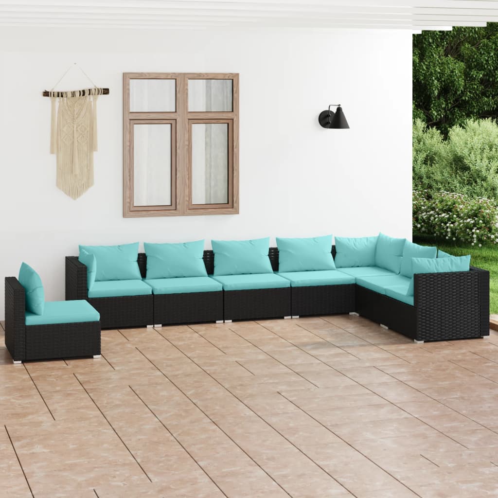 Set mobilier de grădină cu perne, 8 piese, negru, poliratan