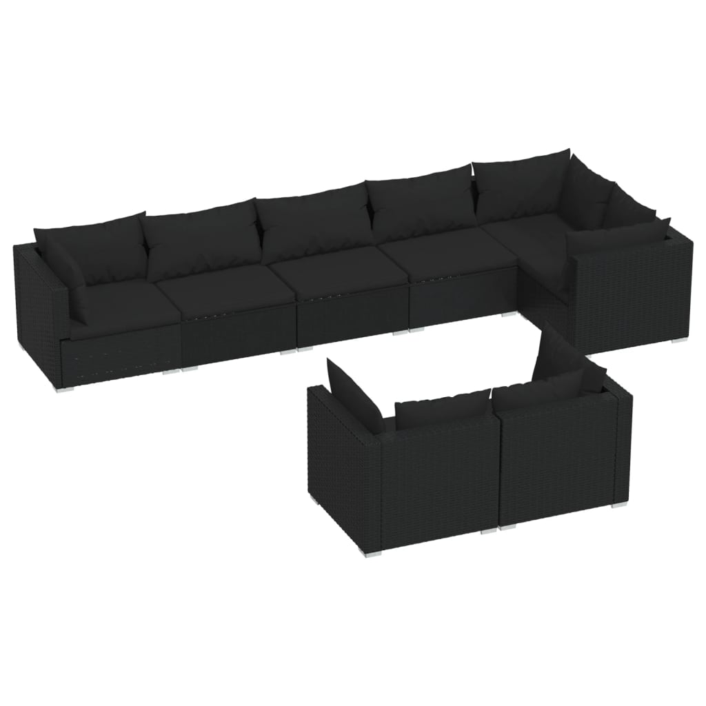 Set mobilier de grădină cu perne, 8 piese, negru, poliratan