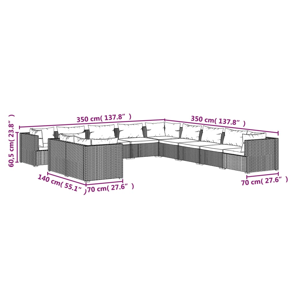 Set mobilier de grădină cu perne, 11 piese, negru, poliratan