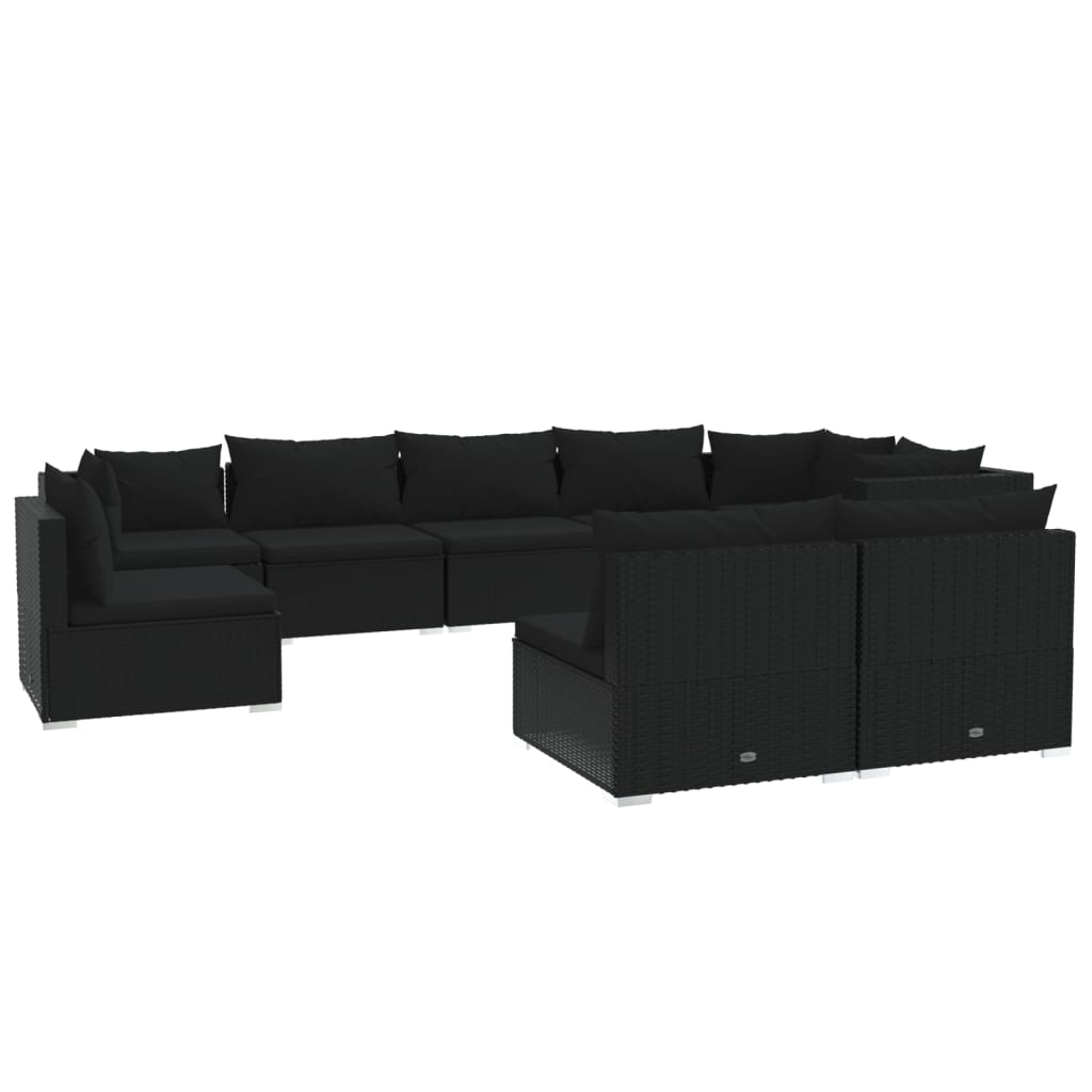 Set mobilier de grădină cu perne, 9 piese, negru, poliratan