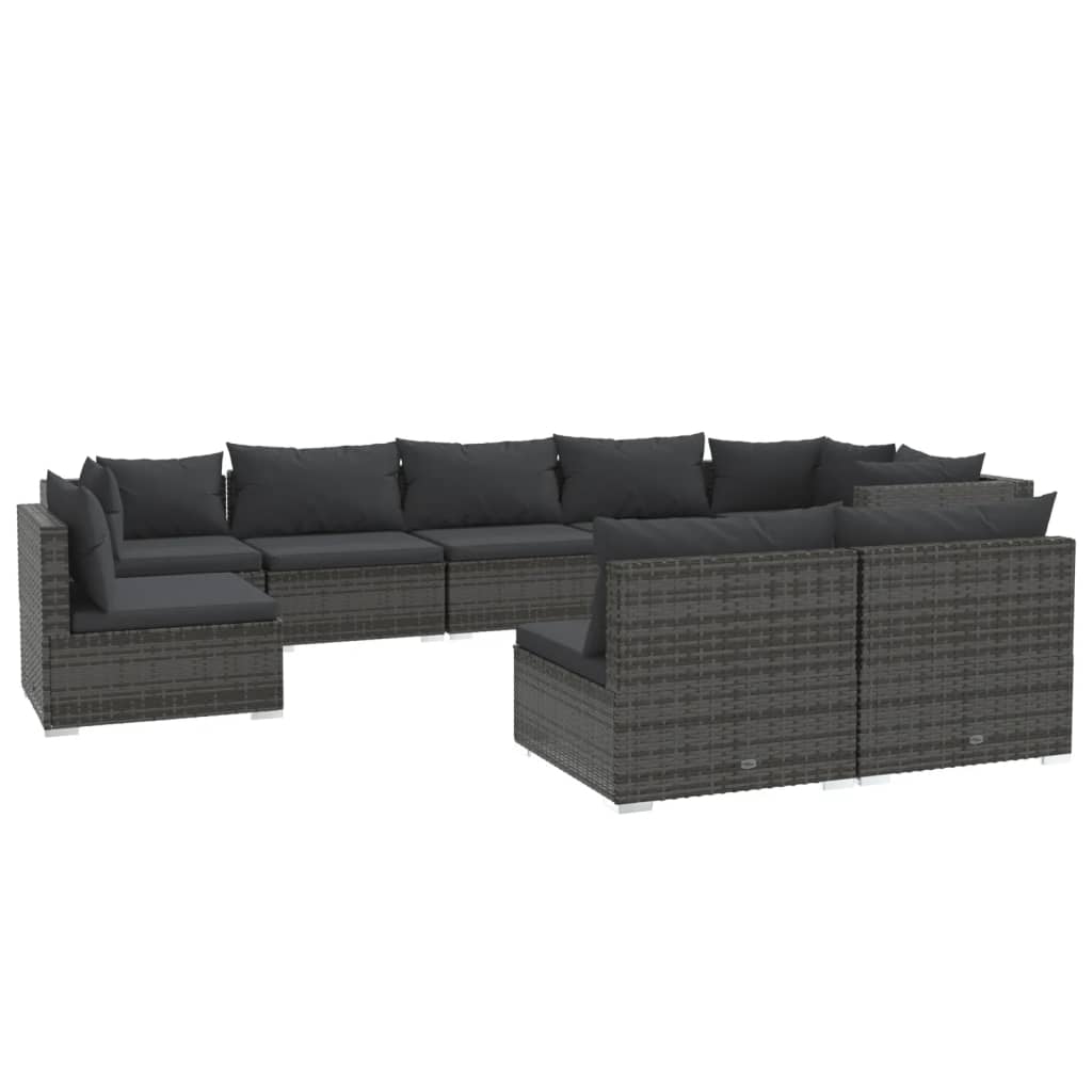 Set mobilier de grădină cu perne, 9 piese, gri, poliratan