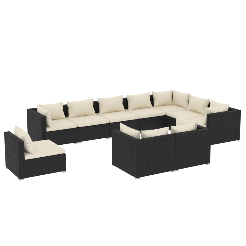 Set mobilier de grădină cu perne, 10 piese, negru, poliratan