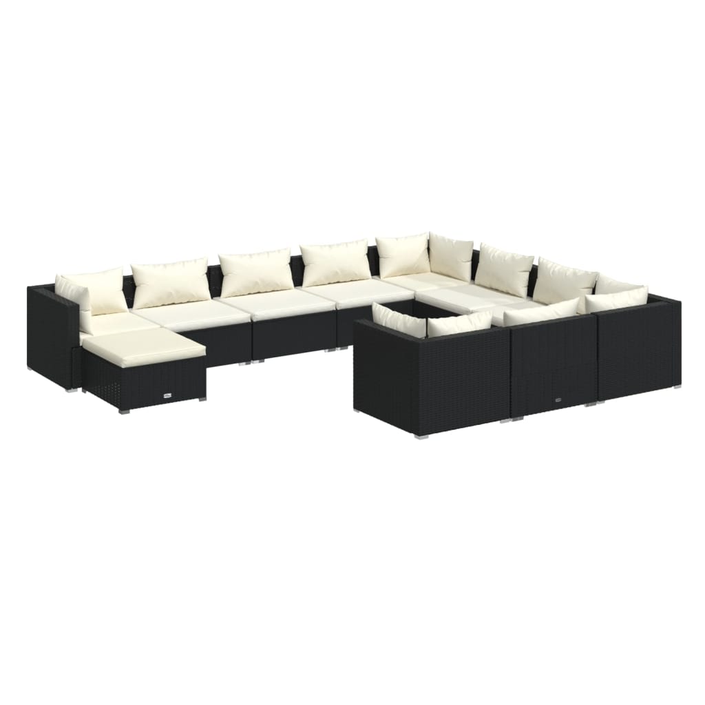 Set mobilier de grădină cu perne, 11 piese, negru, poliratan