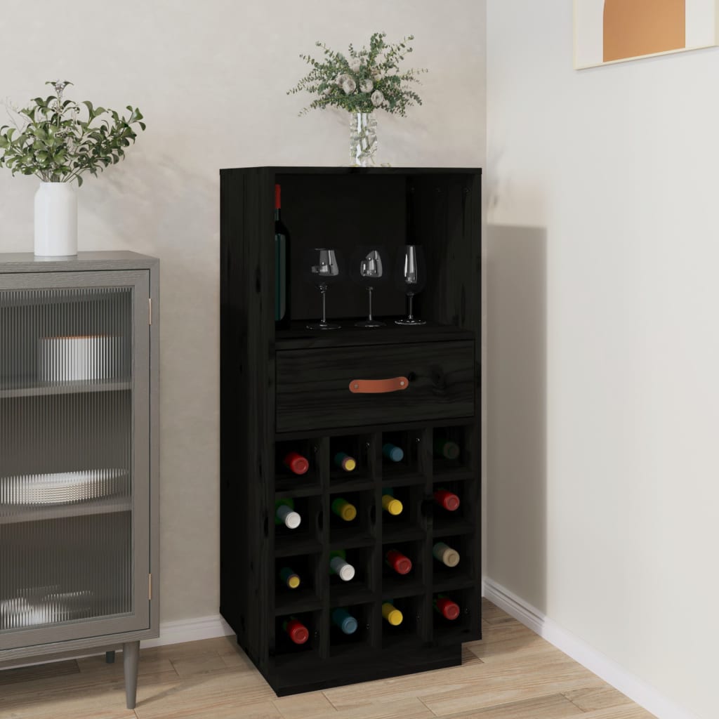 Шкаф за вино, черен, 45x34x100 см, борово дърво масив » DesignBunker.eu