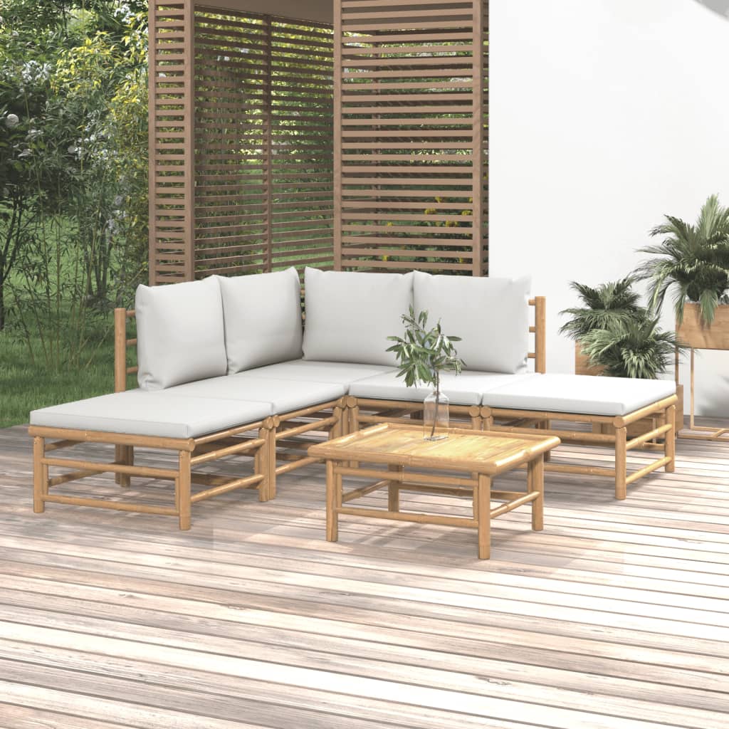vidaXL loungesæt til haven 6 dele med lysegrå hynder bambus