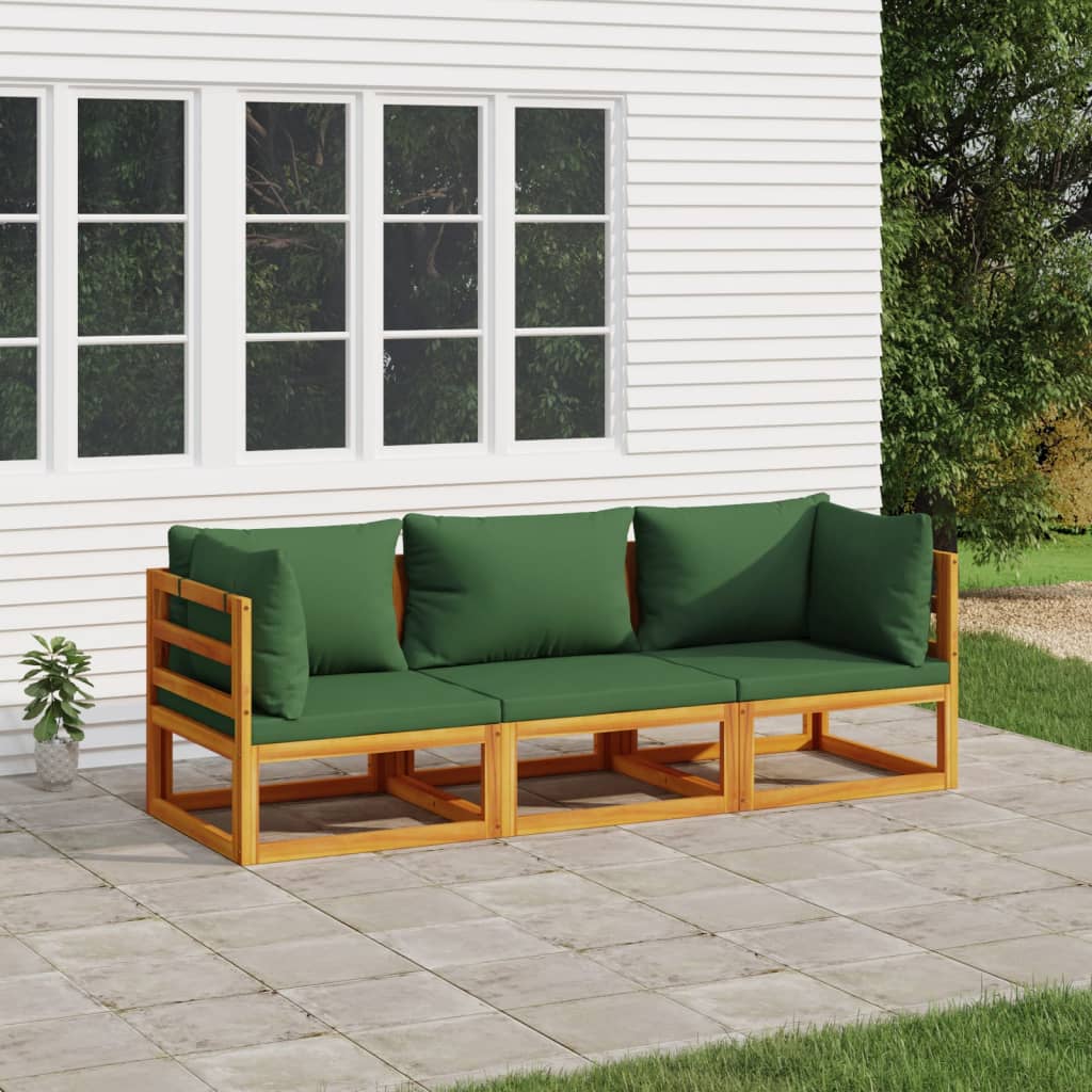 Zestaw mebli ogrodowych - Lite drewno akacjowe, zielone poduszki, 2 sofy narożne, 1 sofa środkowa